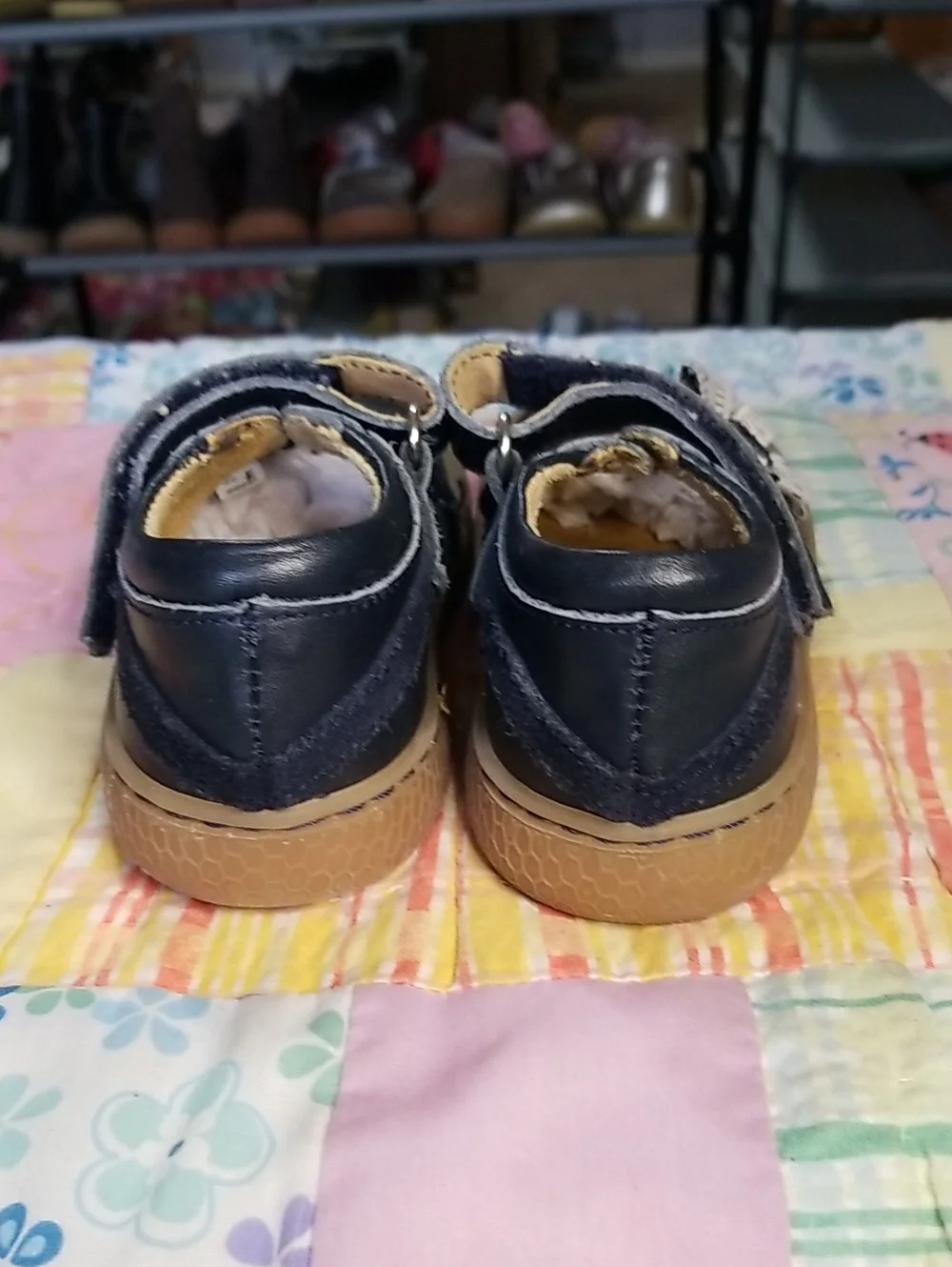 Livie & Luca Navy Blue Mary Janes with Tape Measure Flower Size 8 